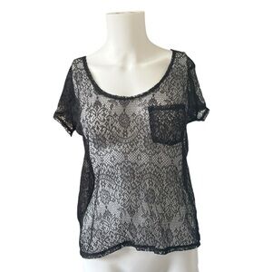 Vintage Y2K Mudd Black Floral Lace T-shirt Sheer Whimsigoth Size Large L